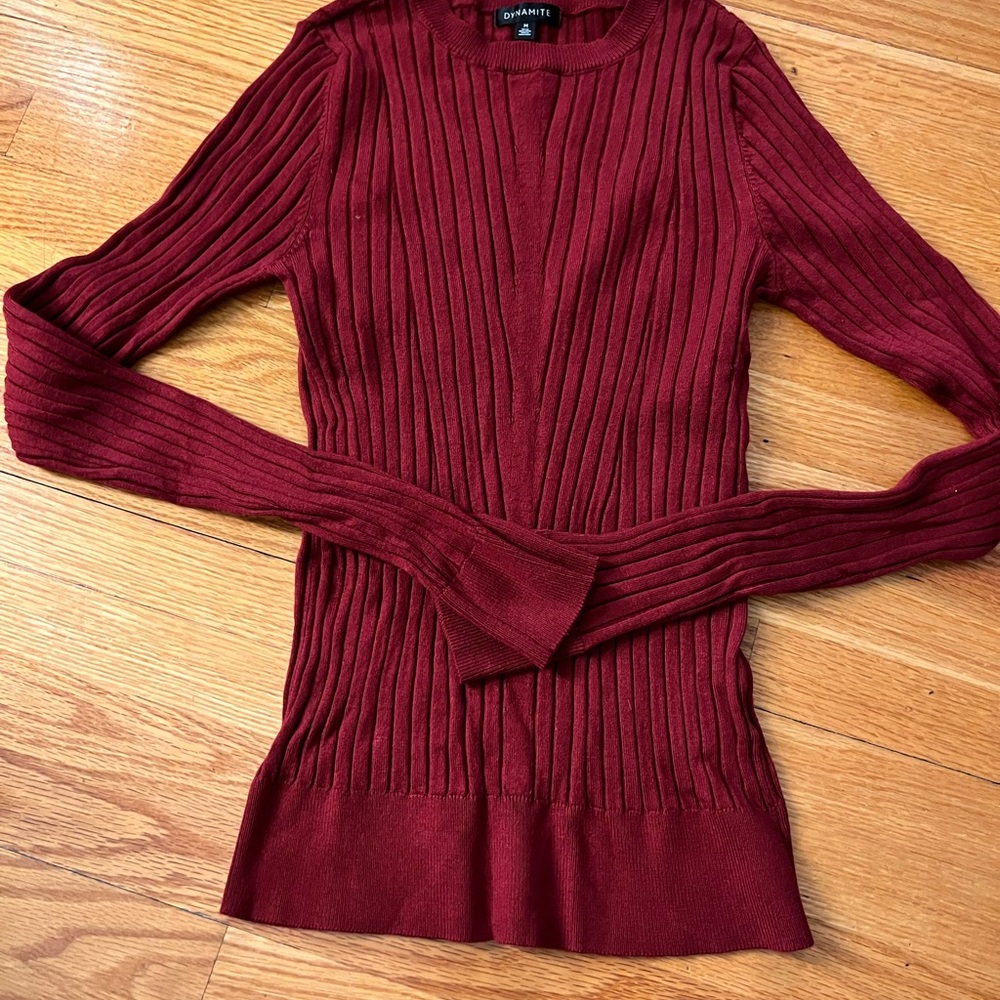 Dynamite Long Sleeve Ribbed Dress - Burgundy